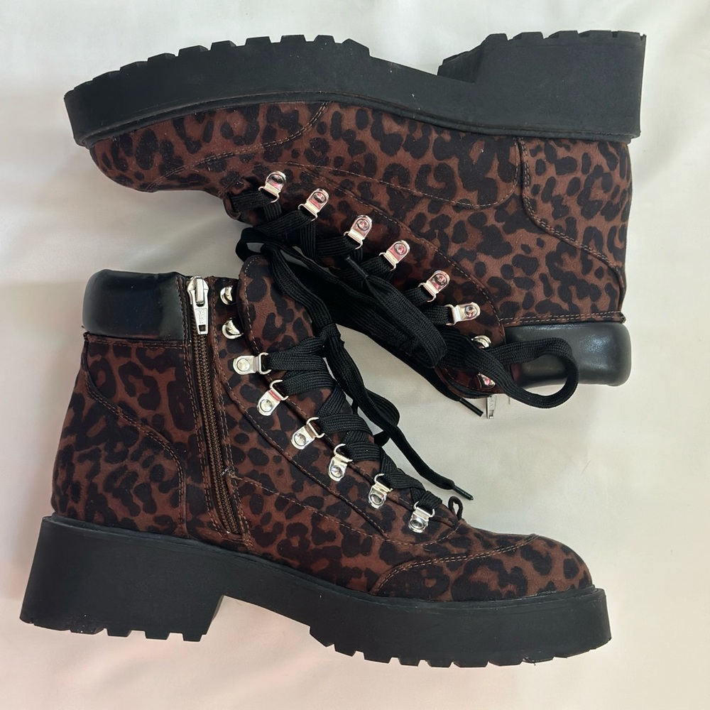 a new day Brown and Black Combat Boots with Leopard Print
